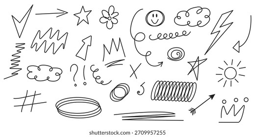 Conjunto de elementos de flecha de pincel dibujado a mano de marcador de línea. Vector de dibujo de trazo de lápiz lápiz lápiz gráfico subrayado icono de garabato. Dibujado a mano línea corazón, corona, símbolo de estrella resalte la forma del marcador. eps 10