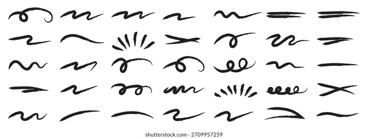 Line marker hand drawn brush arrow element set. Sketch pencil stroke vector graphic pen underline scribble icon. Hand drawn line heart, crown, star symbol highlight marker shape. eps 10