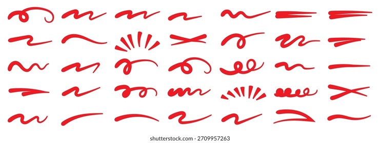 Zeilensymbol für handgezeichnete Pinselpfeile. Skizze Bleistift Strich Vektorgrafik Stift unterstreichen Kritzelsymbol. Handgezeichnete Linie Herz, Krone, Stern Symbol Marker Form. 10 EPS