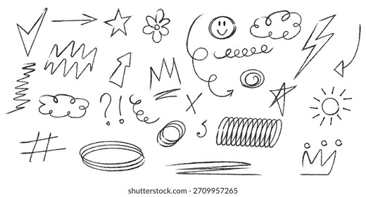 Line marker hand drawn brush arrow element set. Sketch pencil stroke vector graphic pen underline scribble icon. Hand drawn line heart, crown, star symbol highlight marker shape. eps 10