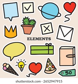Line marker hand drawn colorful element set. Sketch pencil stroke vector graphic pen underline scribble icon. Hand drawn line heart, crown, star symbol highlight marker shape. Vector illustration