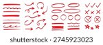 Line marker highlight, arrow, check mark red set. Line red marker hand drawn pen brush stroke underline check. Star oval sticker sign note scribble emphasis icon element. Vector illustration