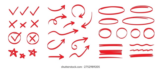 Line marker highlight, arrow, check mark red set. Line red marker hand drawn pen brush stroke underline check. Star oval sticker sign note scribble emphasis icon element. Vector illustration