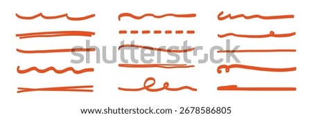 Line marker red underline set. Hand drawn red pen and brush stroke with underline accent, swoosh detail and squiggly sketch mark. Scribble texture and curved paint tail. Vector illustration