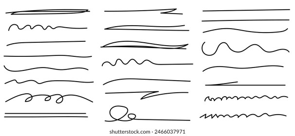 Strichmarkierung unterstreichen. Markierungsmarkierungspinseleffekt. Handschrift Vektorgrafik Pinsel Unterstreichung Strich gesetzt für Akzent, Text hervorheben Element. Vektorillustration. 