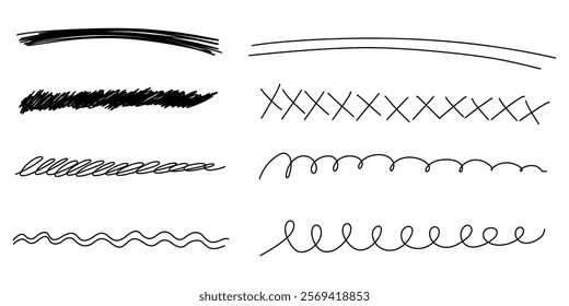 Line marker stroke underline line set. Marker highlight handwriting vector brush underline stroke for accent, text highlight element. Vector illustration isolated on white background.