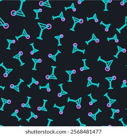 Line Martini glass icon isolated seamless pattern on black background. Cocktail icon. Wine glass icon.  Vector Illustration