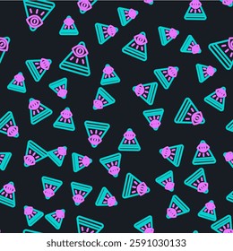 Line Masons symbol All-seeing eye of God icon isolated seamless pattern on black background. The eye of Providence in the triangle.  Vector