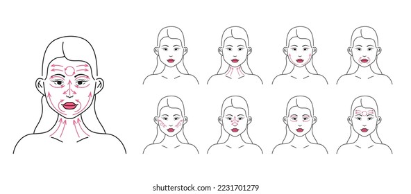 Line massage onface. Facial massage. Anti-ageing, lifting sculpt. Facial skin care at home, infographic vector set. Woman doing face massage, shows movement direction concept in line style.