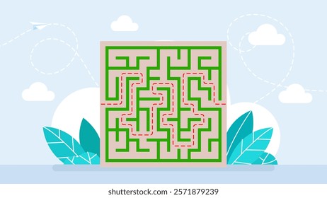  Line maze game. Medium complexity. Rectangle labyrinth with entry and exit. Labyrinth shape design element. One exit and one right way to go, but many paths to deadlock. Vector illustration