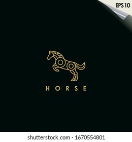 Line Of Mecha Horse Logo Design With Luxury Gold Color. Line Of Mecha Horse Logo Template. Modern Design. Flat Logo. Vector Illustration