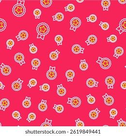 Line Medal with star icon isolated seamless pattern on red background. Winner achievement sign. Award medal.  Vector