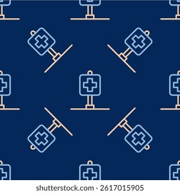 Line Medical map pointer with cross hospital icon isolated seamless pattern on blue background.  Vector