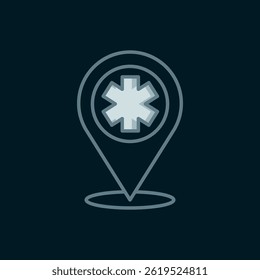 Line Medical map pointer with cross hospital icon isolated on black background. Flat filled outline style with shadow. Vector
