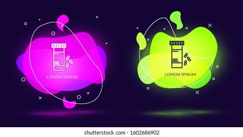 Line Medicine bottle and pills icon isolated on black background. Bottle pill sign. Pharmacy design. Abstract banner with liquid shapes. Vector Illustration