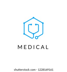 Line medicine icon monochrome blue emblem logo, web online concept.Logo of stethoscope in hexagon shape  for hospital, clinic, medicine appointment app