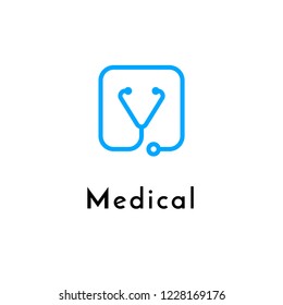 Line medicine icon monochrome blue emblem logo, web online concept.Logo of stethoscope in shape of check sign for hospital, clinic, medicine appointment app