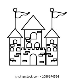 line medieval castle building with flags and windows