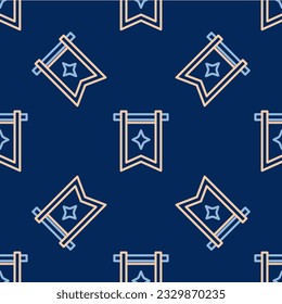 Icono de la bandera Medieval de línea aislado patrón sin fisuras en fondo azul. País, estado o territorio gobernado por un rey o una reina.  Vector