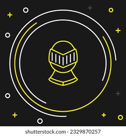 Line Medieval iron helmet for head protection icon isolated on black background. Knight helmet. Colorful outline concept. Vector