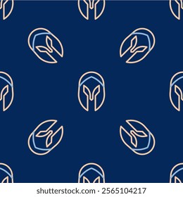 Line Medieval iron helmet for head protection icon isolated seamless pattern on blue background. Knight helmet.  Vector