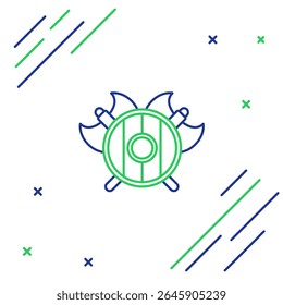 Línea Escudo medieval con el icono de ejes cruzados aislado en el fondo blanco. Hacha de batalla, hacha de verdugo. Concepto de contorno colorido. Vector