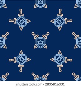 Line Medieval shield with crossed swords icon isolated seamless pattern on blue background.  Vector