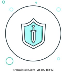 Line Medieval shield with sword icon isolated on white background. Colorful outline concept. Vector