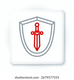 Línea Escudo medieval con icono de espada aislado sobre fondo blanco. Concepto de contorno colorido. Vector