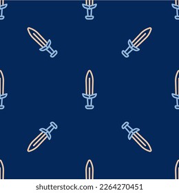 Line Medieval sword icon isolated seamless pattern on blue background. Medieval weapon.  Vector