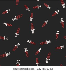 Line Medieval sword icon isolated seamless pattern on black background. Medieval weapon.  Vector