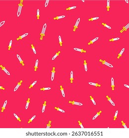 Line Medieval sword icon isolated seamless pattern on red background. Medieval weapon.  Vector