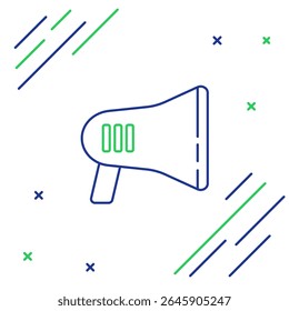 Ícone de Megafone de linha isolado no fundo branco. Conceito de alerta de voz alta. Bullhorn para a promoção de gritos. Conceito de contorno colorido. Vetor