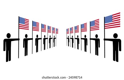 line of men holding American flags illustration
