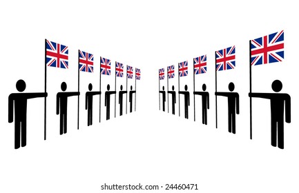 line of men holding British flags illustration