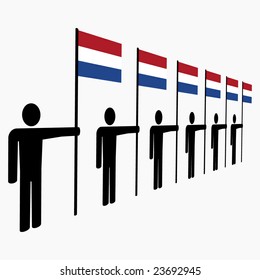 línea de hombres con banderas holandesas
