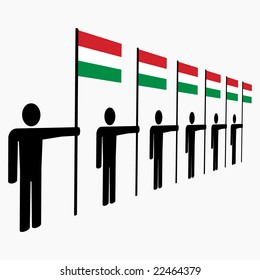 line of men holding Hungarian flags illustration