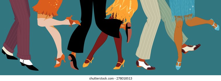 Line of men and women legs in 1920s style footwear dancing the Charleston, vector illustration, no transparencies, EPS 8