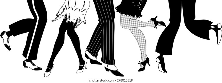 Line of men and women legs in 1920s style footwear dancing the Charleston, black vector silhouette, no white objects, EPS 8