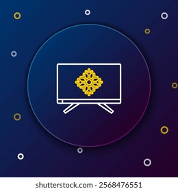 Line Merry Christmas on television and snowflake icon isolated on blue background. Happy New Year. Colorful outline concept. Vector