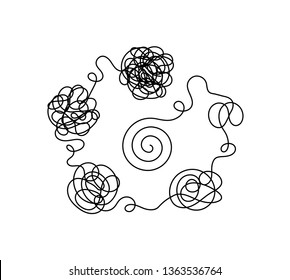 Line of messy clew symbols line of symbols with scribbled round elements, consept of transition from complicated to simple, isolated on a white background Vector illustration.