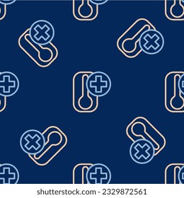 Line Meteorology thermometer measuring heat and cold icon isolated seamless pattern on blue background. Thermometer equipment showing hot or cold weather.  Vector