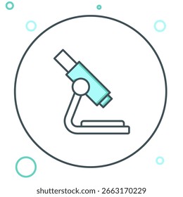 Ícone de Microscópio de Linha isolado no plano de fundo branco. Química, instrumento farmacêutico, ferramenta de ampliação microbiológica. Conceito de contorno colorido. Vetor