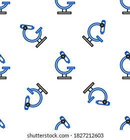 Line Microscope icon isolated seamless pattern on white background. Chemistry, pharmaceutical instrument, microbiology magnifying tool. Colorful outline concept. Vector