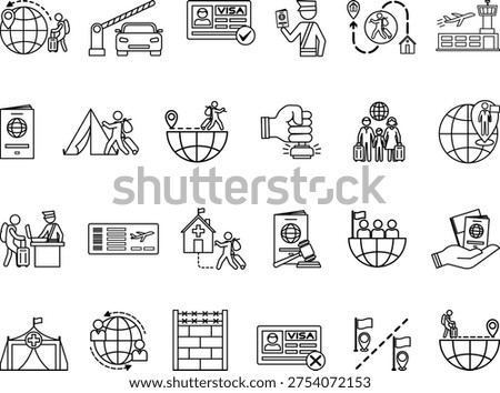 Line Migration Icon Set. Vector Icons Emigration, Customs Officer, Border, Airport, Air Ticket, Passport, Refugee, Citizenship, Visa, Asylum, Migrants, and Others