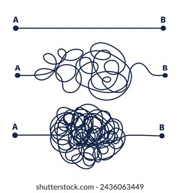 Line Mind Prozess komplizierte und einfache Wege, schwierige und einfache Prozess Doodle Stil isoliert auf weißem Hintergrund. 