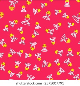 Line Miner in a helmet icon isolated seamless pattern on red background.  Vector