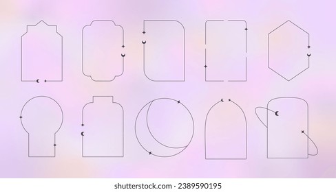 Line minimal aesthetic arch frame shapes. Boho contemporary y2k arc, window, door on gradient background.