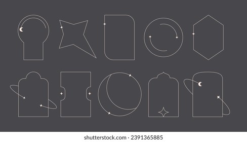 Line minimal aesthetic arch frame shapes with stars, sparkles. Boho contemporary y2k arc, window, door.