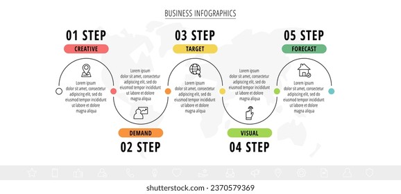 Línea de tiempo de infografía mínima con cinco pasos. Plantilla de proceso de gráfico. Vector moderno para proyectos y presentaciones de empresas o empresas